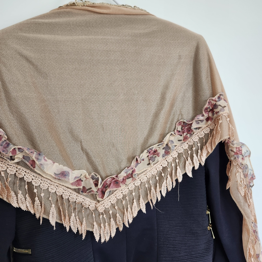 Neck Scarf Beige Pink Floral Leaves Lace Or Bag Accessory Hanmade